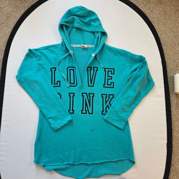 PINK Victoria's Secret Tops - Victorias Secret PINK Hoodie Teal Blue Love Pink Graphic High Low Hem Large